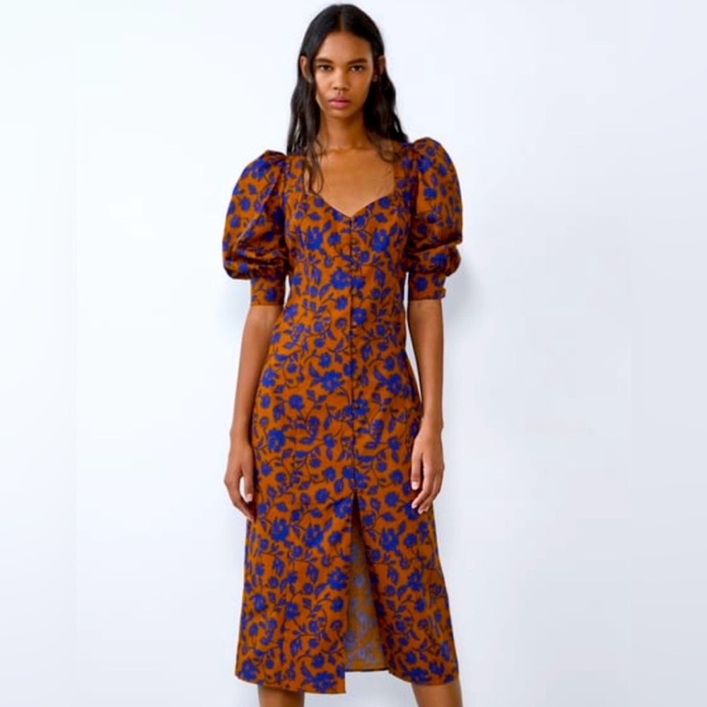 NWOT Zara brown and blue floral printed poplin midi dress with puff sleeves, M.
